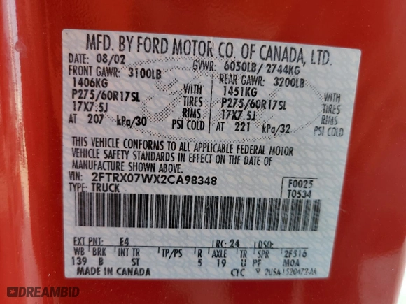 2002 Ford F-150 XL with VIN 2FTRX07WX2CA98348, listed as a Copart auction lot 43705135 with 204,718 mi miles and Salvage Title. Bid and sale history available at carsss.com. Image 13.
