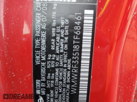 2008 MINI Convertible с VIN WMWRF33518TF68461, выставлен на аукционе Copart как лот 84168304 с пробегом 153 964 миль миль и Списание • Salvage title. История ставок и продаж доступна на DreamBid. Изображение 12.