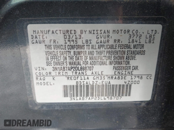 2013 Nissan Sentra SR z VIN 3N1AB7AP2DL698707, wystawiony jako IAAI lot #42277148 z przebiegiem 181 033 mil mil oraz . Historia ofert i sprzedaży dostępna na DreamBid. Obrazek 9.
