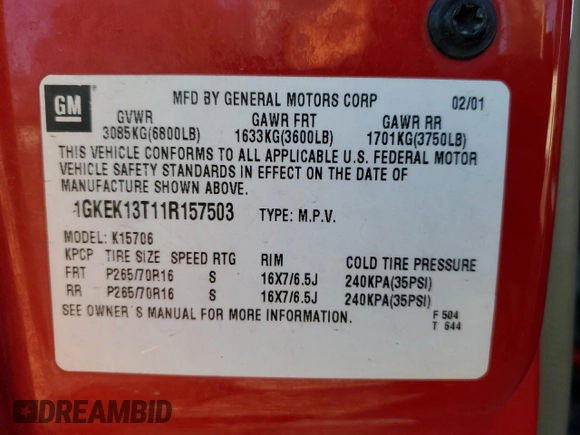 2001 GMC Yukon SLT with VIN 1GKEK13T11R157503, listed as a Copart auction lot 73801274 with 0 mi miles and Salvage Title. Bid and sale history available at carsss.com. Image 13.