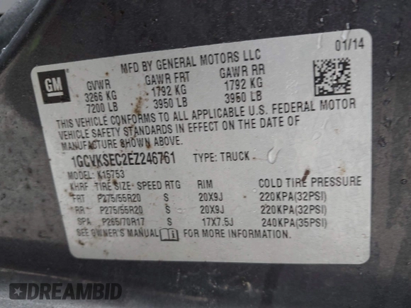 2014 Chevrolet Silverado 1500 LTZ with VIN 1GCVKSEC2EZ246761, listed as a IAAI auction lot 41456717 with 69,073 mi miles and . Bid and sale history available at DreamBid. Image 9.