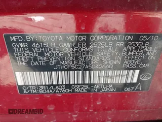 2010 Lexus IS 250 with VIN JTHCF5C27A5042660, listed as a IAAI auction lot 42225646 with 178,803 mi miles and . Bid and sale history available at DreamBid. Image 9.
