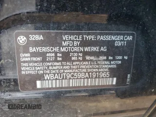 2011 BMW 3 Series 328i with VIN WBAUT9C59BA191965, listed as a Copart auction lot 46894005 with 125,397 mi miles and Salvage title. Bid and sale history available at DreamBid. Image 12.