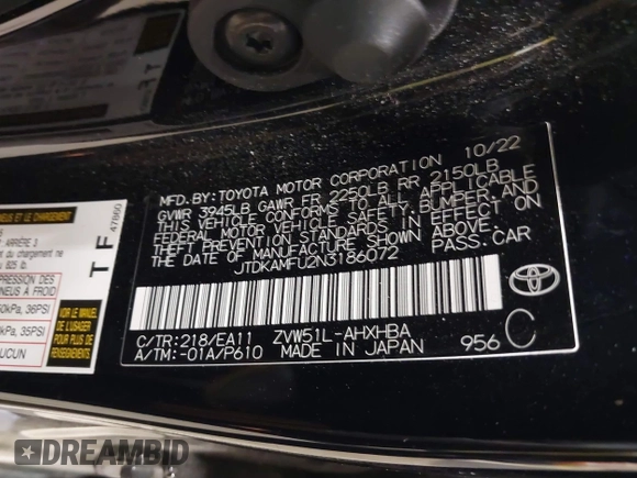 2022 Toyota Prius L Eco with VIN JTDKAMFU2N3186072, listed as a IAAI auction lot 42486252 with 5,887 mi miles and . Bid and sale history available at DreamBid. Image 9.
