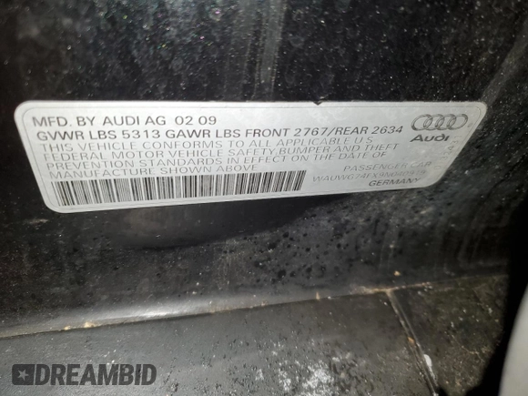 2009 Audi A6 Prestige with VIN WAUWG74FX9N040919, listed as a Copart auction lot 44317675 with 190,178 mi miles and Salvage title. Bid and sale history available at DreamBid. Image 12.