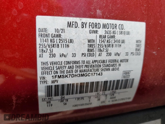 2021 Ford Explorer XLT with VIN 1FMSK7DH3MGC17143, listed as a Copart auction lot 55153615 with 27,354 mi miles and Salvage Title. Bid and sale history available at carsss.com. Image 13.