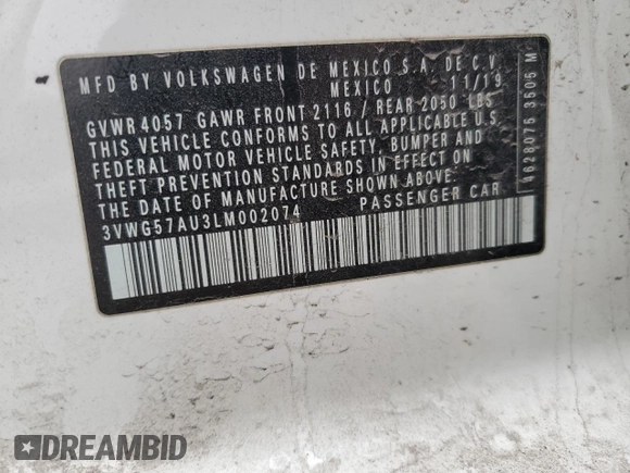 2020 Volkswagen Golf TSI z VIN 3VWG57AU3LM002074, wystawiony jako Copart lot #50687535 z przebiegiem 113 393 mil mil oraz Szkoda całkowita • Salvage title. Historia ofert i sprzedaży dostępna na DreamBid. Obrazek 13.