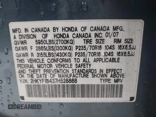 2007 Honda Pilot EX with VIN 2HKYF18437H528868, listed as a IAAI auction lot 41762030 with 203,212 mi miles. Bid and sale history available at carsss.com. Image 9.