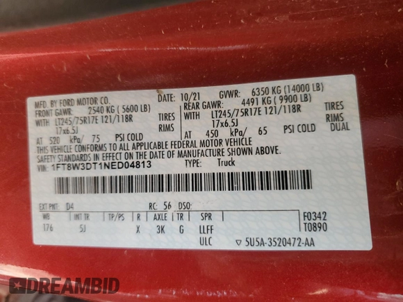 2022 Ford F-350 XL with VIN 1FT8W3DT1NED04813, listed as a Copart auction lot 79741343 with Not Provided miles and Salvage Title. Bid and sale history available at DreamBid. Image 10.