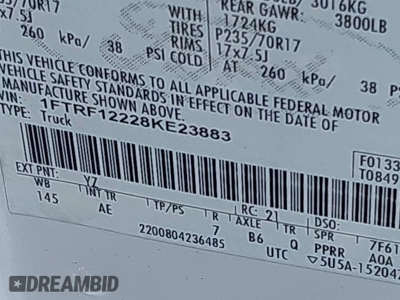 2008 Ford F-150 XL с VIN 1FTRF12228KE23883, выставлен на аукционе IAAI как лот 42416926 с пробегом 193 686 миль миль и . История ставок и продаж доступна на DreamBid. Изображение 9.
