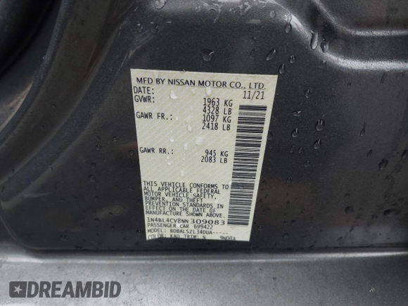 2022 Nissan Altima SR with VIN 1N4BL4CV8NN309083, listed as a IAAI auction lot 41720996 with 74,719 mi miles and . Bid and sale history available at DreamBid. Image 9.