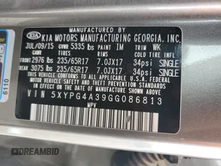 2016 Kia Sorento LX with VIN 5XYPG4A39GG086813, listed as a Copart auction lot 49260685 with 129,616 mi miles and Salvage Title. Bid and sale history available at DreamBid. Image 15.