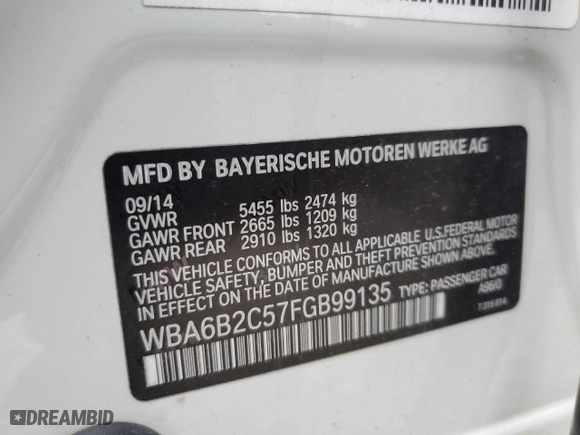 2015 BMW 6 Series 650i with VIN WBA6B2C57FGB99135, listed as a Copart auction lot 72610904 with 99,137 mi miles and Salvage Title. Bid and sale history available at carsss.com. Image 15.