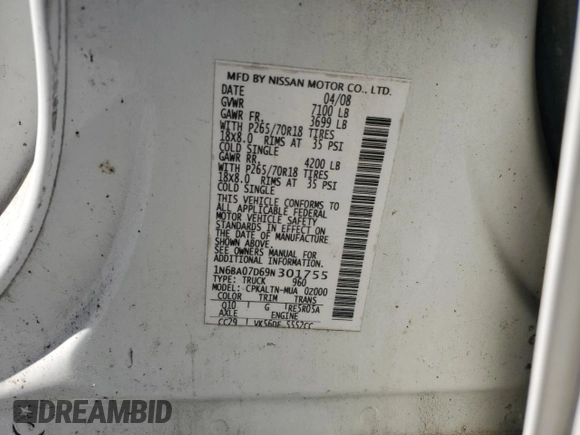2009 Nissan Titan SE with VIN 1N6BA07D69N301755, listed as a Copart auction lot 49995795 with 261,539 mi miles and Salvage Title. Bid and sale history available at carsss.com. Image 12.