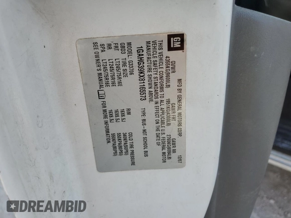 2008 Chevrolet Express Passenger with VIN 1GAHG39KX81165573, listed as a Copart auction lot 84707104 with 367,543 mi miles and Non repairable. Bid and sale history available at DreamBid. Image 13.