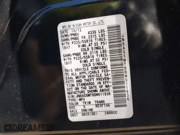 2013 Nissan Rogue S with VIN JN8AS5MT8DW011836, listed as a IAAI auction lot 41773856 with 181,382 mi miles and . Bid and sale history available at DreamBid. Image 9.