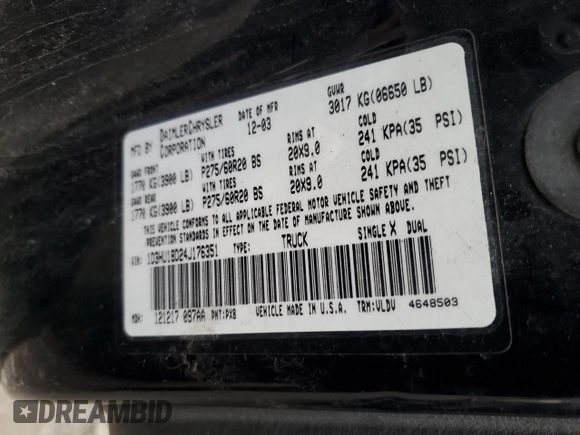 2004 Dodge 1500 ST with VIN 1D3HU18D24J176351, listed as a Copart auction lot 47416635 with 285,959 mi miles and Salvage Title. Bid and sale history available at carsss.com. Image 12.
