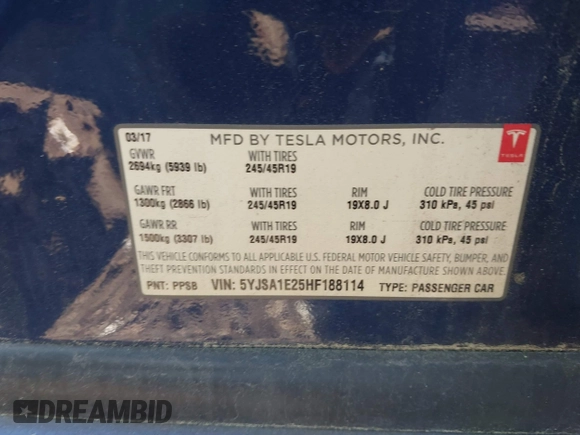2017 Tesla Model S 100D с VIN 5YJSA1E25HF188114, выставлен на аукционе IAAI как лот 42193125 с пробегом 114 587 миль миль и . История ставок и продаж доступна на DreamBid. Изображение 9.