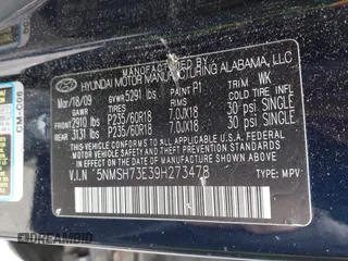2009 Hyundai Santa Fe SE with VIN 5NMSH73E39H273478, listed as a IAAI auction lot 42216820 with 196,233 mi miles and . Bid and sale history available at DreamBid. Image 9.