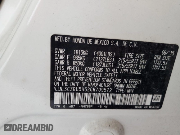 2016 Honda HR-V EX with VIN 3CZRU5H52GM709572, listed as a Copart auction lot 56125745 with 44,514 mi miles and Salvage Title. Bid and sale history available at DreamBid. Image 14.