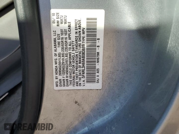 2010 Honda Odyssey EX-L with VIN 5FNRL3H69AB083889, listed as a Copart auction lot 49620105 with 0 mi miles and Salvage Title. Bid and sale history available at carsss.com. Image 16.