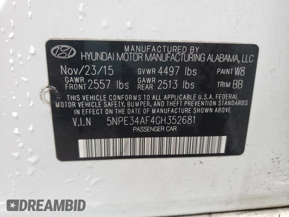 2016 Hyundai Sonata Sport with VIN 5NPE34AF4GH352681, listed as a Copart auction lot 49590854 with 88,248 mi miles and Salvage Title. Bid and sale history available at DreamBid. Image 12.