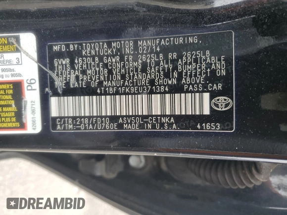 2014 Toyota Camry L with VIN 4T1BF1FK9EU371384, listed as a Copart auction lot 55800925 with 228,164 mi miles and Clean Title. Bid and sale history available at carsss.com. Image 12.