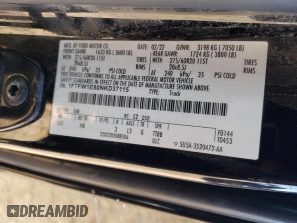 2022 Ford F-150 XL with VIN 1FTFW1E80NKD37115, listed as a Copart auction lot 48142325 with 139,735 mi miles and Salvage Title. Bid and sale history available at DreamBid. Image 13.