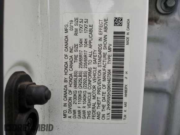 2019 Honda CR-V LX z VIN 2HKRW5H39KH407564, wystawiony jako Copart lot #44614775 z przebiegiem 95 634 mil mil oraz Szkoda całkowita • Salvage title. Historia ofert i sprzedaży dostępna na DreamBid. Obrazek 14.