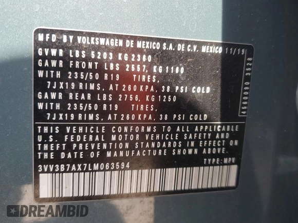 2020 Volkswagen Tiguan SE z VIN 3VV3B7AX7LM063594, wystawiony jako Copart lot #50394555 z przebiegiem 76 158 mil mil oraz Nie do naprawy • Non repairable. Historia ofert i sprzedaży dostępna na DreamBid. Obrazek 13.