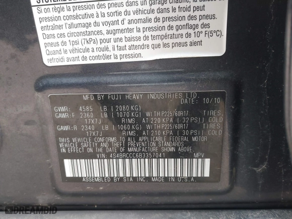 2011 Subaru Outback 2.5i Prem AWP with VIN 4S4BRCCC6B3357041, listed as a IAAI auction lot 41953331 with 227,722 mi miles. Bid and sale history available at carsss.com. Image 9.