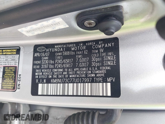 2007 Hyundai Veracruz GLS with VIN KM8NU73C77U017997, listed as a IAAI auction lot 41915209 with 182,576 mi miles and . Bid and sale history available at DreamBid. Image 9.