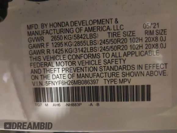 2021 Honda Pilot Special Edition z VIN 5FNYF6H26MB086397, wystawiony jako IAAI lot #41162732 z przebiegiem 94 246 mil mil oraz . Historia ofert i sprzedaży dostępna na DreamBid. Obrazek 9.