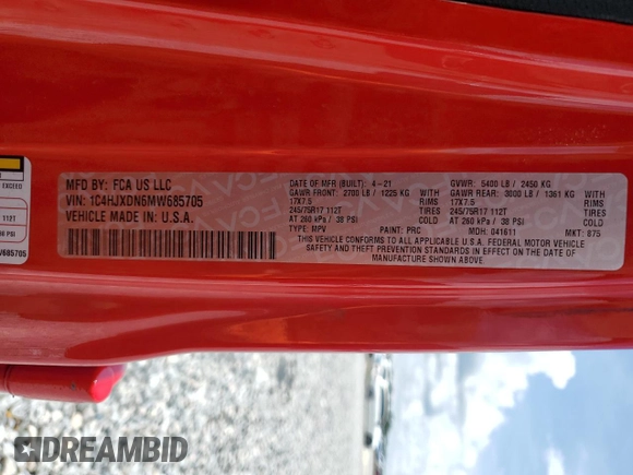 2021 Jeep Wrangler Unlimited Sport S with VIN 1C4HJXDN6MW685705, listed as a Copart auction lot 65996845 with 53,859 mi miles and Non repairable. Bid and sale history available at DreamBid. Image 12.