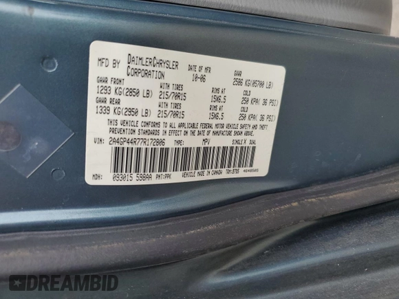 2007 Chrysler Town & Country LWB LX with VIN 2A4GP44R77R172806, listed as a Copart auction lot 55203114 with 230,014 mi miles and Non Repairable. Bid and sale history available at carsss.com. Image 14.