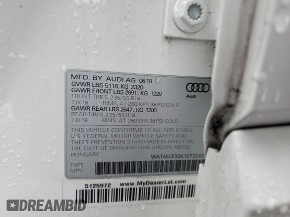 2019 Audi Q3 Premium with VIN WA1AECF32K1073242, listed as a Copart auction lot 46580165 with 65,212 mi miles and Non Repairable. Bid and sale history available at carsss.com. Image 15.
