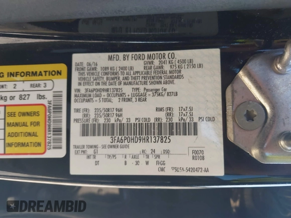 2017 Ford Fusion SE with VIN 3FA6P0HD9HR137825, listed as a IAAI auction lot 41737647 with 128,545 mi miles and . Bid and sale history available at DreamBid. Image 9.