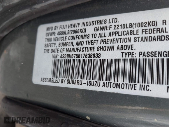 2001 Subaru Legacy Outback with VIN 4S3BH675817638933, listed as a IAAI auction lot 42167461 with 250,785 mi miles and . Bid and sale history available at DreamBid. Image 9.