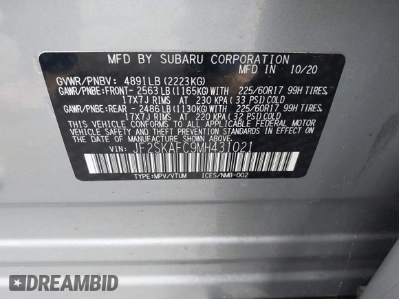 2021 Subaru Forester Premium with VIN JF2SKAFC9MH431021, listed as a IAAI auction lot 42334038 with 37,491 mi miles and . Bid and sale history available at DreamBid. Image 9.