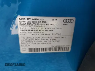 2019 Audi e-tron Premium Plus z VIN WA1LAAGE0KB013270, wystawiony jako Copart lot #63142252 z przebiegiem Nie podano mil oraz . Historia ofert i sprzedaży dostępna na DreamBid. Obrazek 10.