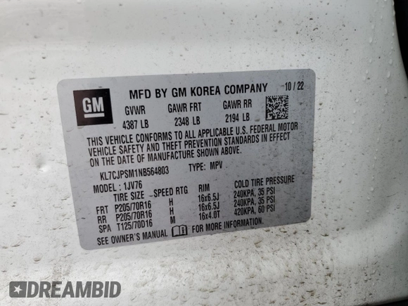 2022 Chevrolet Trax LT with VIN KL7CJPSM1NB564803, listed as a Copart auction lot 51751955 with 18,295 mi miles and Salvage Title. Bid and sale history available at carsss.com. Image 14.