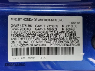 2018 Honda Accord Sedan Sport 1.5T with VIN 1HGCV1F3XJA193860, listed as a Copart auction lot 44686625 with 156,106 mi miles and Salvage Title. Bid and sale history available at carsss.com. Image 14.