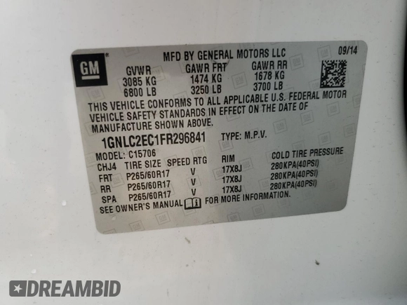 2015 Chevrolet Tahoe Commercial with VIN 1GNLC2EC1FR296841, listed as a Copart auction lot 60160605 with 105,096 mi miles and Salvage title. Bid and sale history available at DreamBid. Image 13.