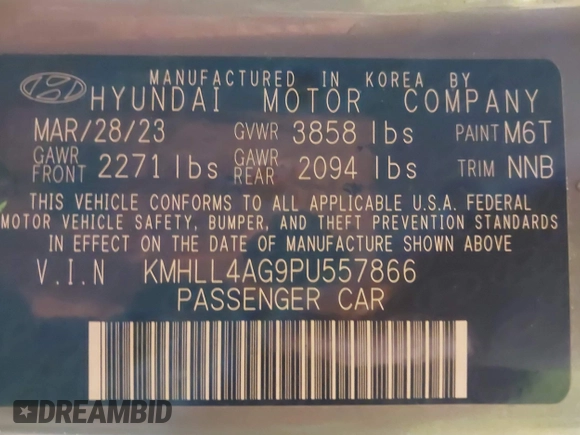 2023 Hyundai Elantra SE with VIN KMHLL4AG9PU557866, listed as a IAAI auction lot 41560571 with 44,666 mi miles and . Bid and sale history available at DreamBid. Image 9.
