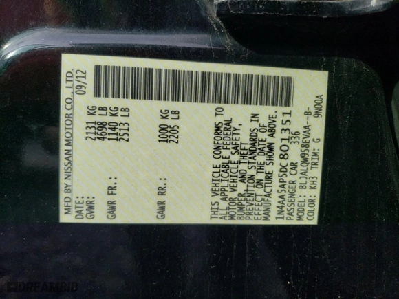 2013 Nissan Maxima 3.5 S with VIN 1N4AA5AP5DC801351, listed as a Copart auction lot 54417835 with 146,632 mi miles and Clean Title. Bid and sale history available at carsss.com. Image 12.