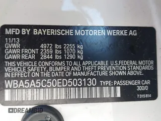 2014 BMW 5 Series 528i with VIN WBA5A5C50ED503130, listed as a IAAI auction lot 41819922 with 135,923 mi miles. Bid and sale history available at carsss.com. Image 9.