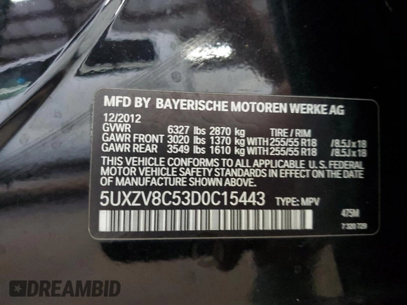 2013 BMW X5 xDrive50i with VIN 5UXZV8C53D0C15443, listed as a Copart auction lot 65059515 with 71,723 mi miles and Clean title. Bid and sale history available at DreamBid. Image 13.