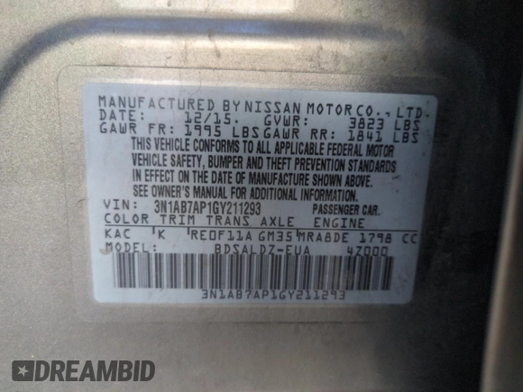 2016 Nissan Sentra SV with VIN 3N1AB7AP1GY211293, listed as a Copart auction lot 50006675 with 166,397 mi miles and Salvage Title. Bid and sale history available at DreamBid. Image 12.
