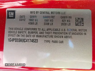 2012 Buick Verano Group with VIN 1G4PS5SK8C4174623, listed as a IAAI auction lot 42557846 with 57,519 mi miles and . Bid and sale history available at DreamBid. Image 9.