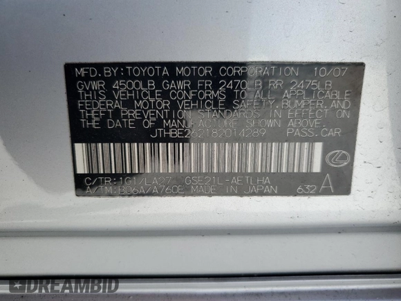 2008 Lexus IS 350 с VIN JTHBE262182014289, выставлен на аукционе Copart как лот 52492465 с пробегом 73 431 миль миль и Чистый • Clean title. История ставок и продаж доступна на DreamBid. Изображение 12.